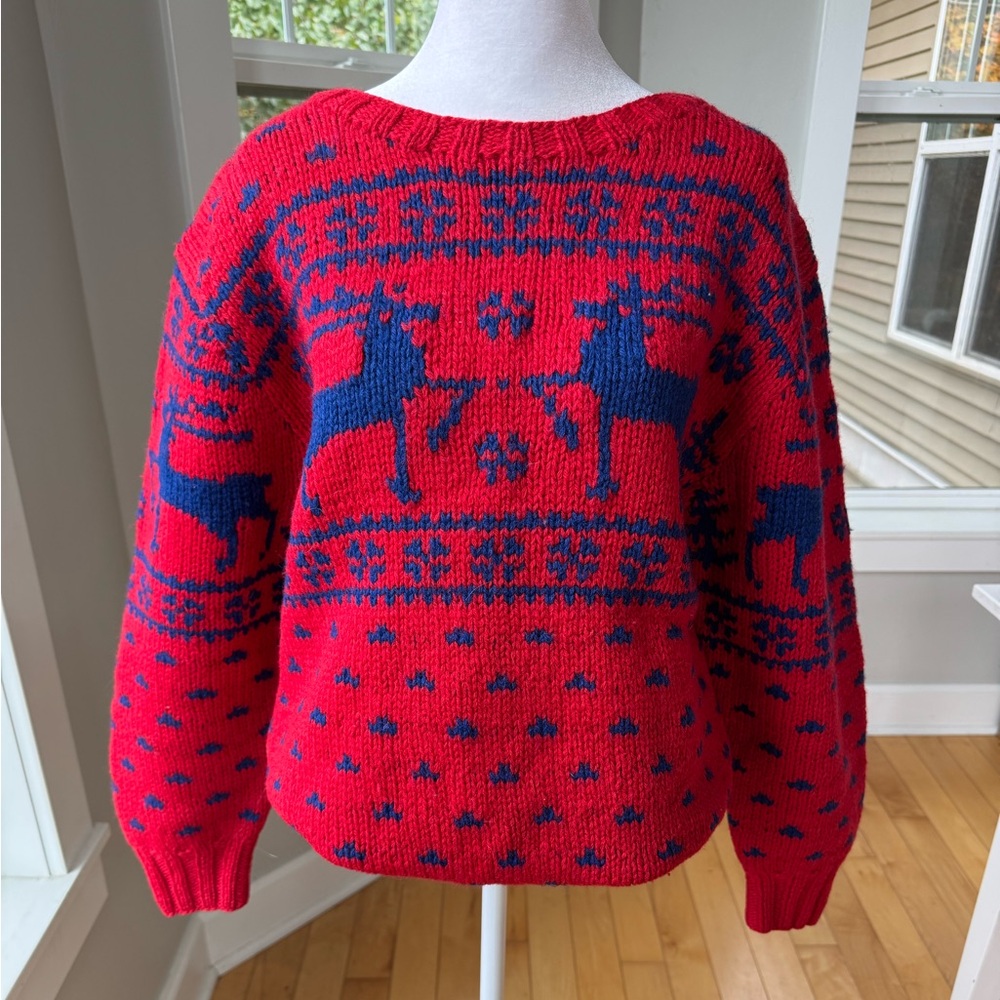Vintage Hand Knit Wool Ralph Lauren Red Cobalt Blue Reindeer Sweater Sz Medium
